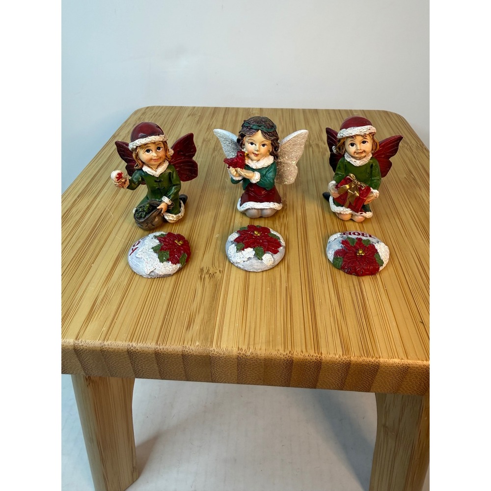 Christmas Fairy Angel Figurines Set 3 Miniature Red Green Poinsettia 2" Dollhous